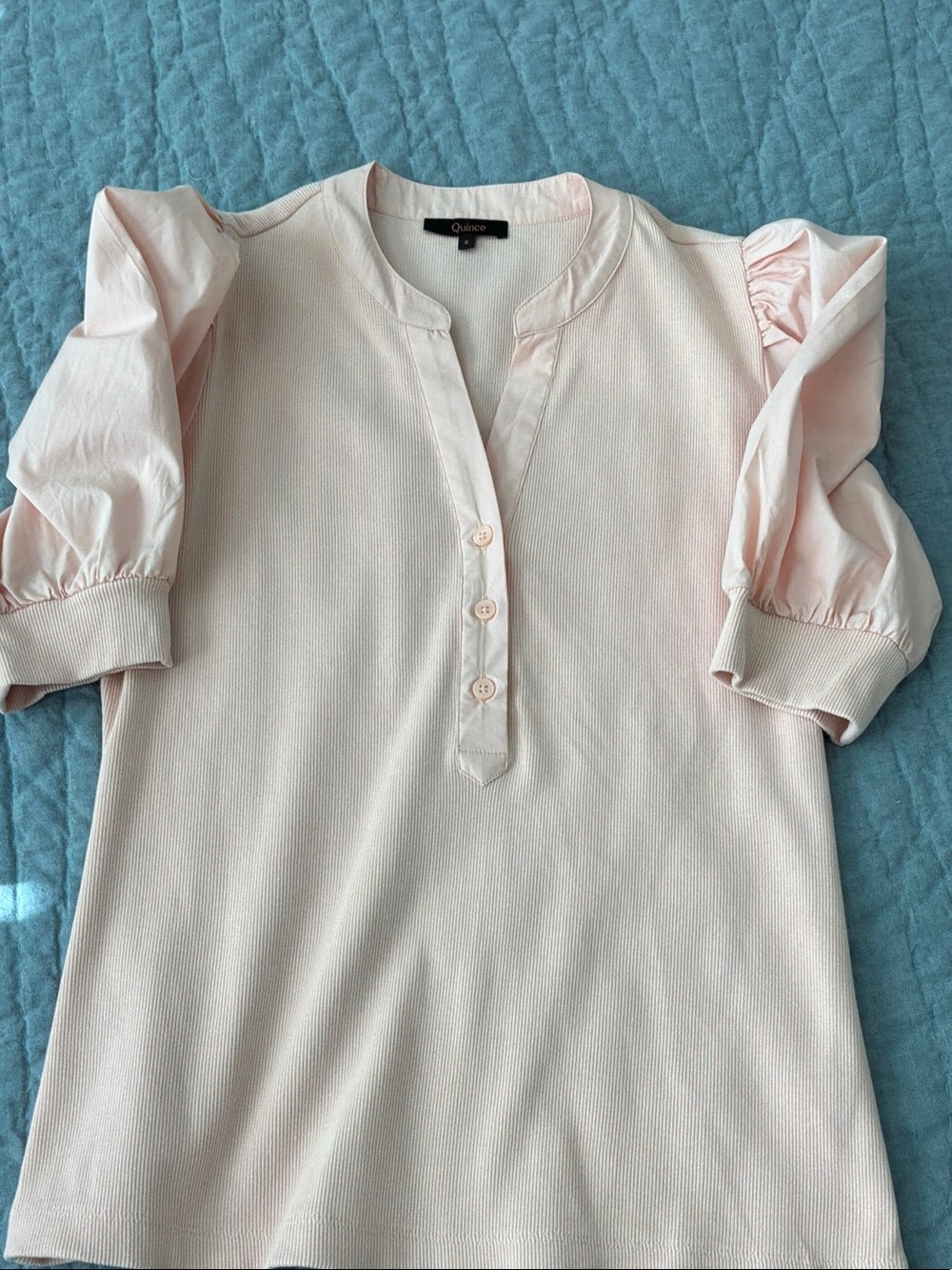 Quince Puff Sleeve Henley Top in Blush Pink - Picture 7 of 8